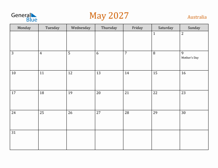 May 2027 Holiday Calendar with Monday Start