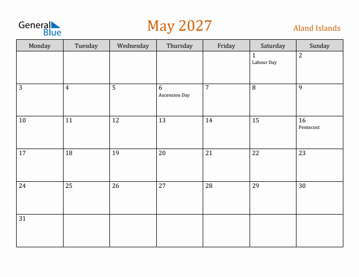 May 2027 Holiday Calendar with Monday Start