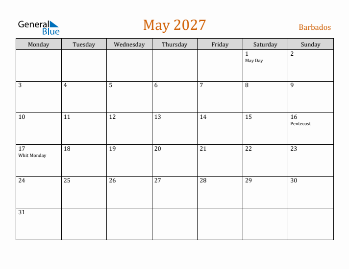 May 2027 Holiday Calendar with Monday Start