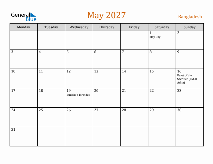 May 2027 Holiday Calendar with Monday Start