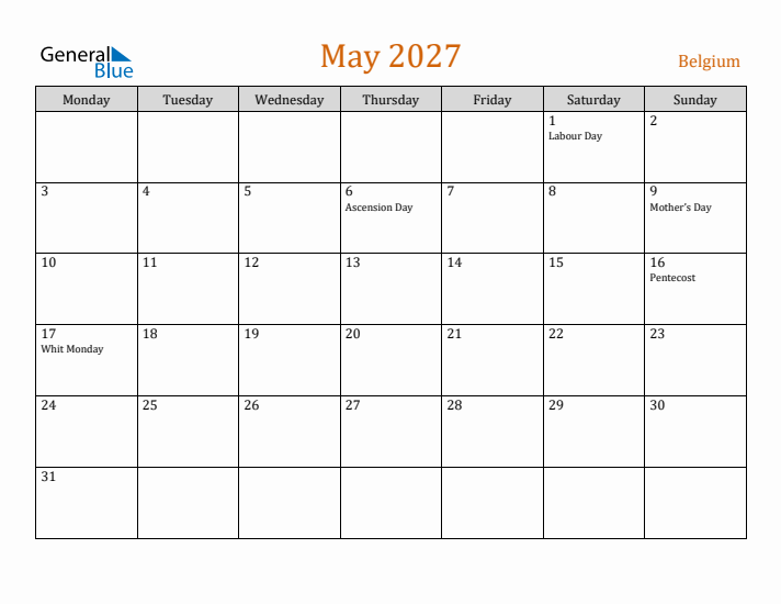 May 2027 Holiday Calendar with Monday Start