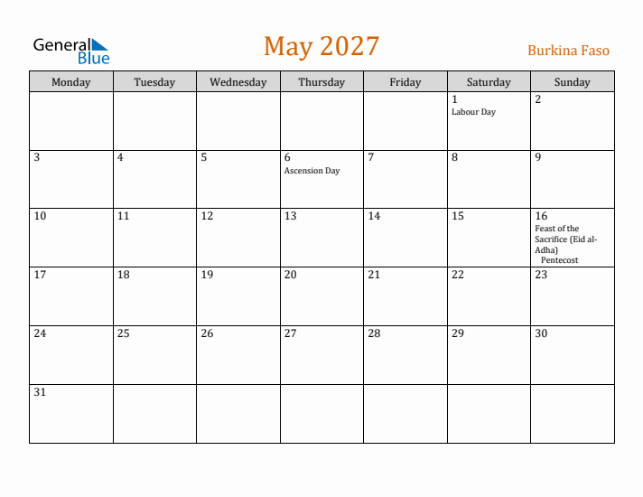 May 2027 Holiday Calendar with Monday Start