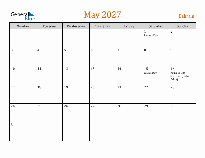 May 2027 Holiday Calendar with Monday Start