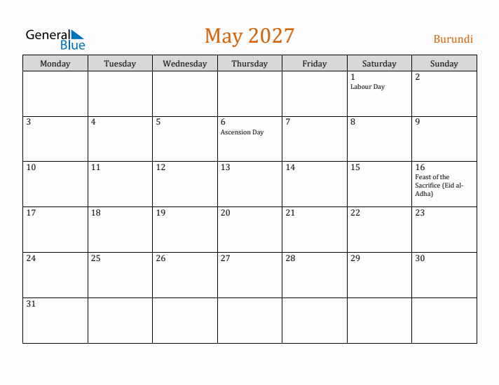 May 2027 Holiday Calendar with Monday Start