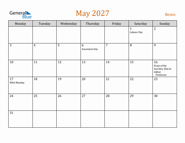 May 2027 Holiday Calendar with Monday Start