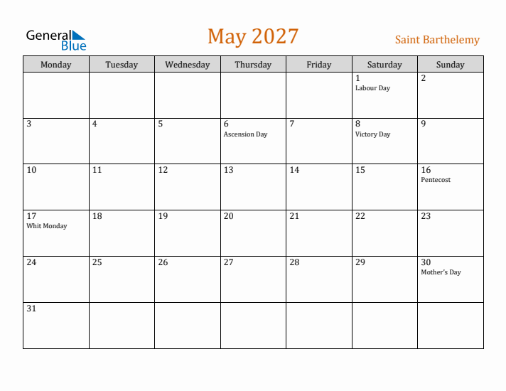 May 2027 Holiday Calendar with Monday Start