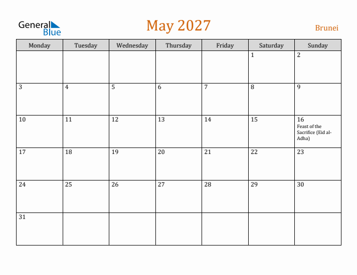 May 2027 Holiday Calendar with Monday Start