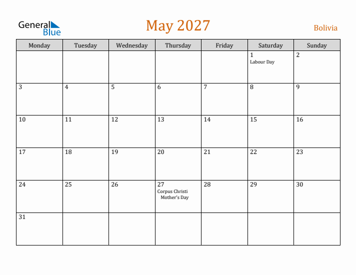 May 2027 Holiday Calendar with Monday Start