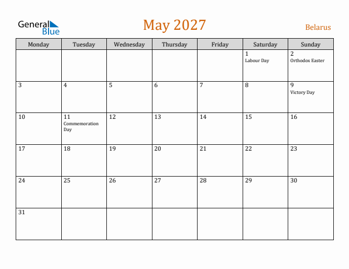 May 2027 Holiday Calendar with Monday Start