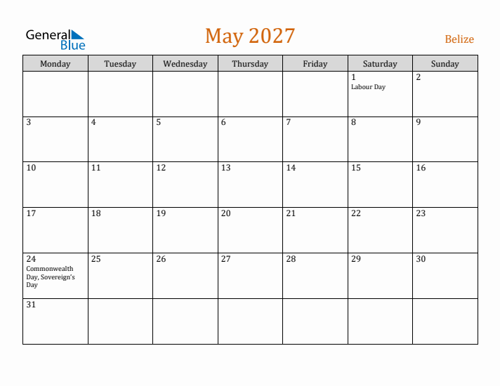 May 2027 Holiday Calendar with Monday Start