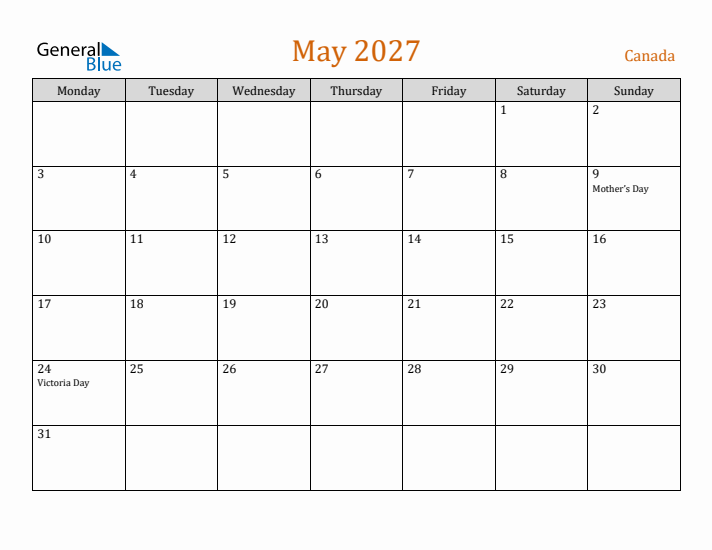 May 2027 Holiday Calendar with Monday Start