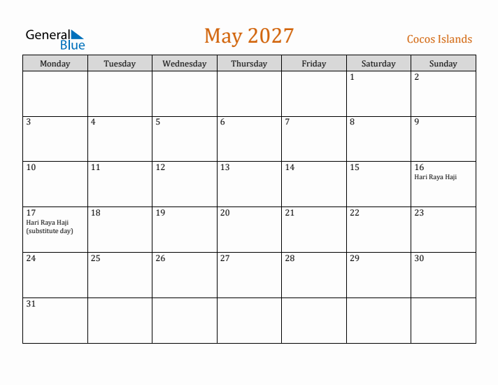 May 2027 Holiday Calendar with Monday Start