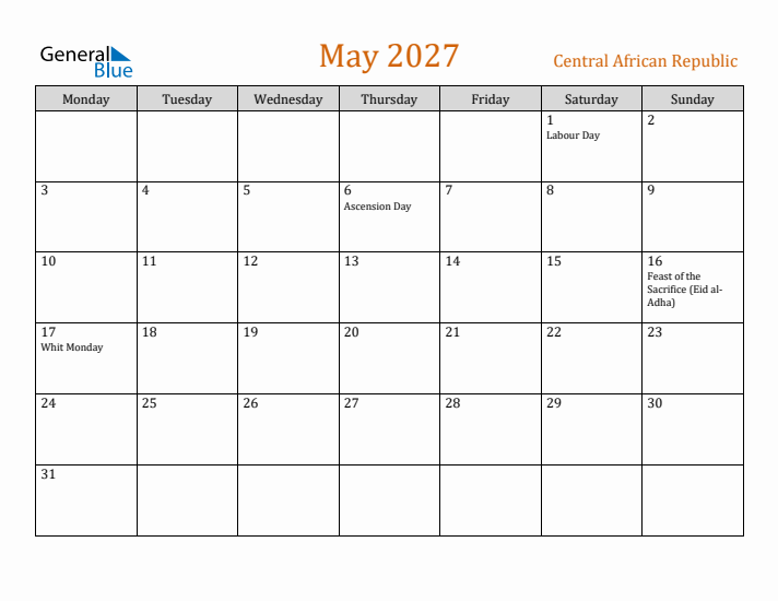 May 2027 Holiday Calendar with Monday Start