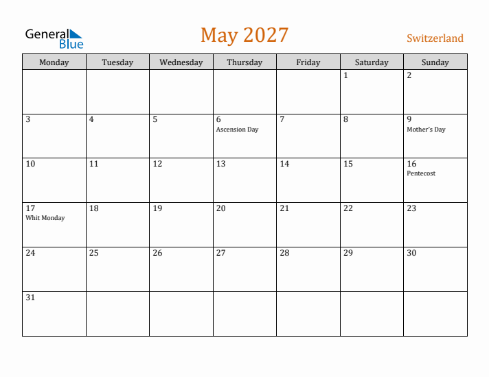 May 2027 Holiday Calendar with Monday Start