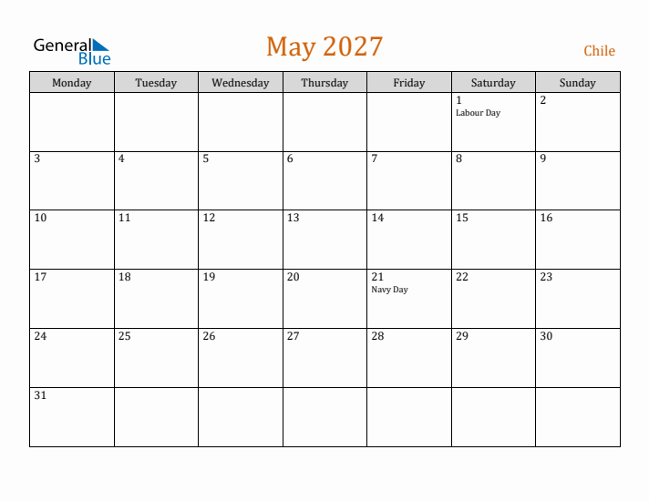 May 2027 Holiday Calendar with Monday Start