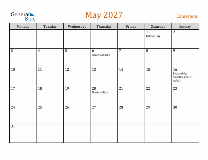 May 2027 Holiday Calendar with Monday Start