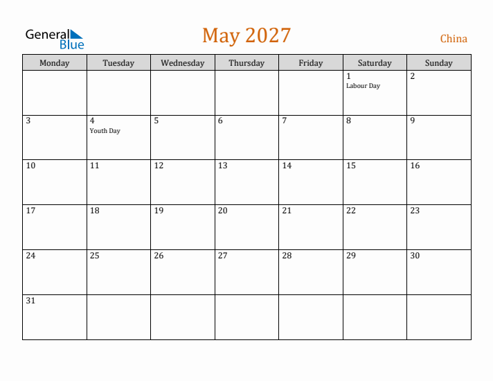 May 2027 Holiday Calendar with Monday Start