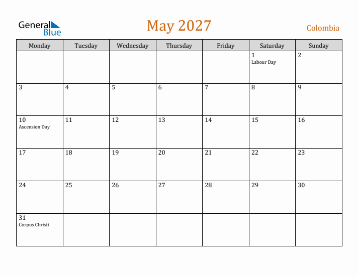 May 2027 Holiday Calendar with Monday Start