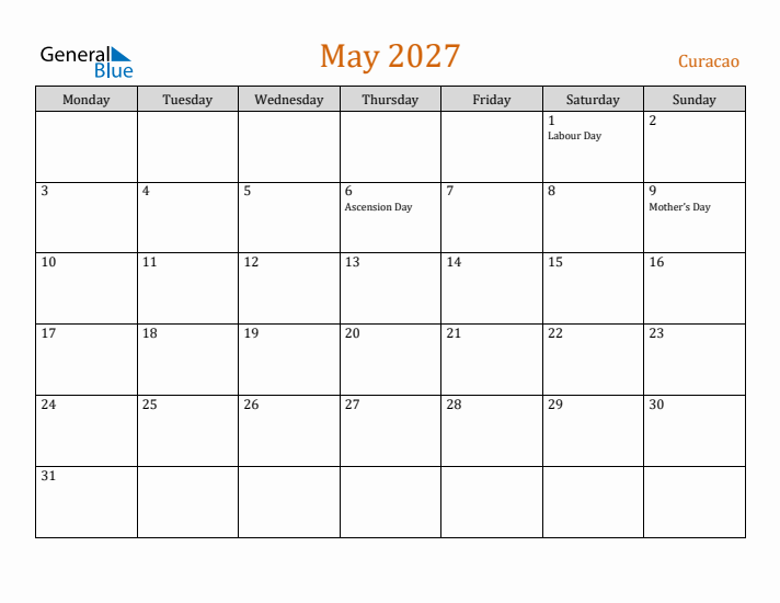 May 2027 Holiday Calendar with Monday Start