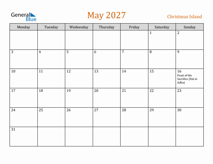 May 2027 Holiday Calendar with Monday Start