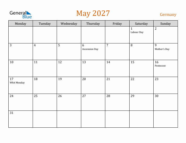 May 2027 Holiday Calendar with Monday Start