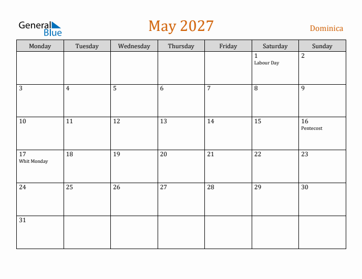 May 2027 Holiday Calendar with Monday Start