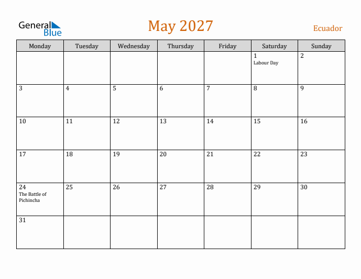 May 2027 Holiday Calendar with Monday Start