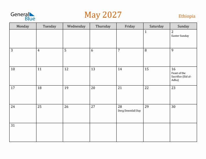 May 2027 Holiday Calendar with Monday Start