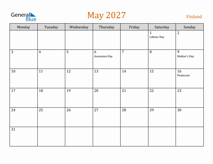 May 2027 Holiday Calendar with Monday Start