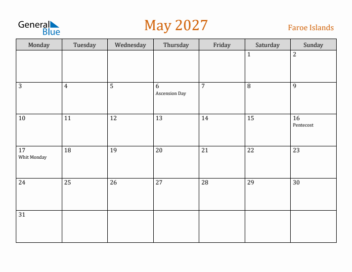 May 2027 Holiday Calendar with Monday Start