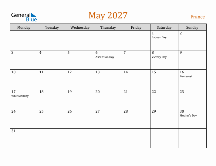 May 2027 Holiday Calendar with Monday Start