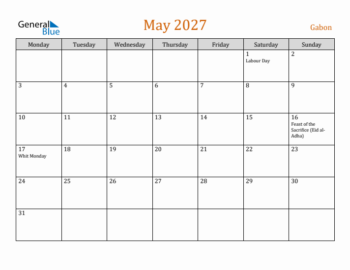 May 2027 Holiday Calendar with Monday Start