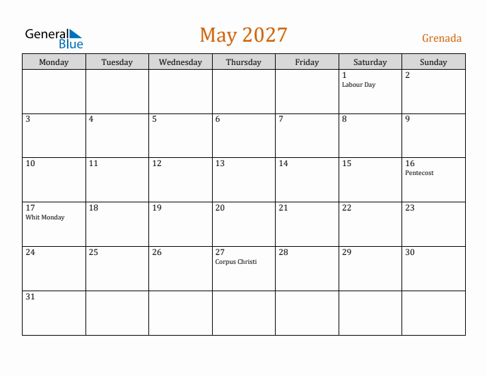 May 2027 Holiday Calendar with Monday Start