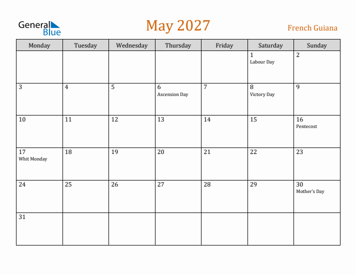 May 2027 Holiday Calendar with Monday Start