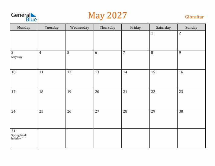 May 2027 Holiday Calendar with Monday Start