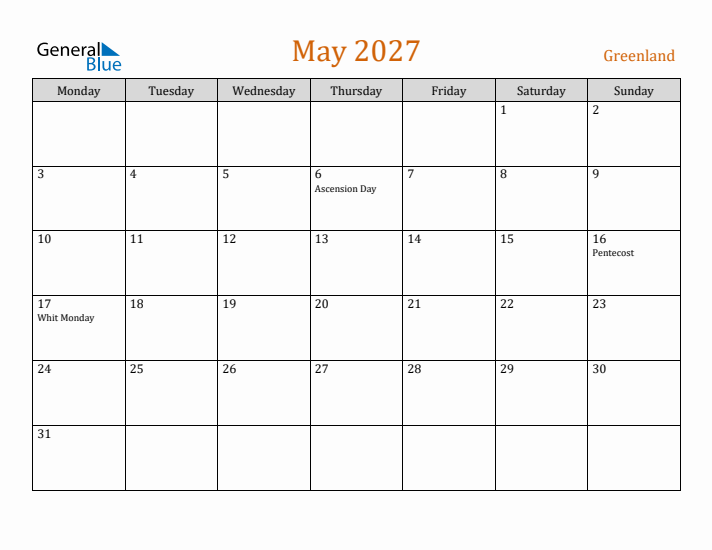 May 2027 Holiday Calendar with Monday Start