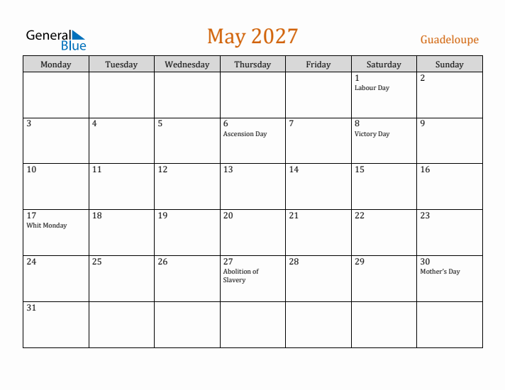 May 2027 Holiday Calendar with Monday Start