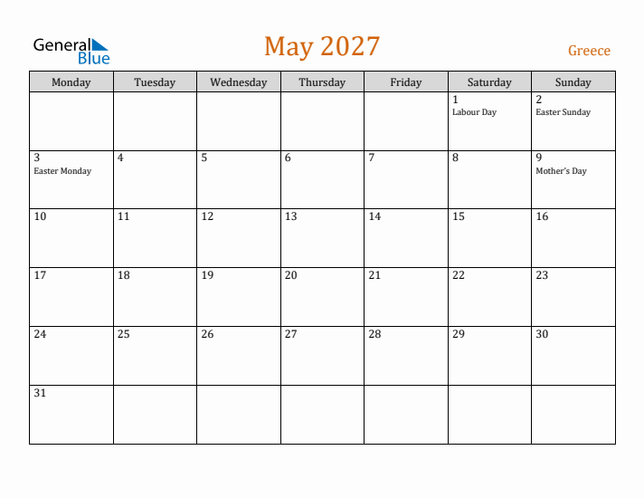 May 2027 Holiday Calendar with Monday Start