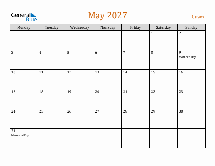 May 2027 Holiday Calendar with Monday Start