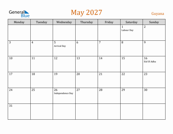 May 2027 Holiday Calendar with Monday Start