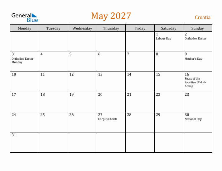 May 2027 Holiday Calendar with Monday Start