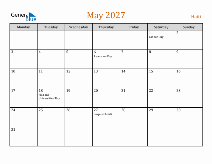 May 2027 Holiday Calendar with Monday Start