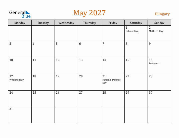 May 2027 Holiday Calendar with Monday Start