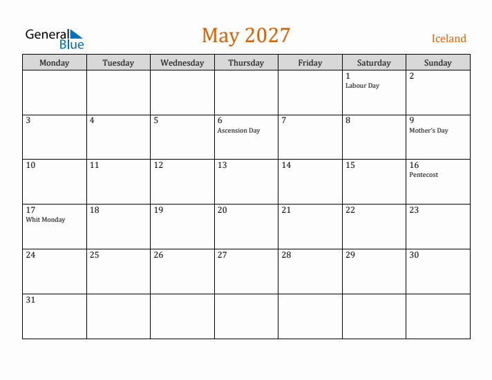 May 2027 Holiday Calendar with Monday Start