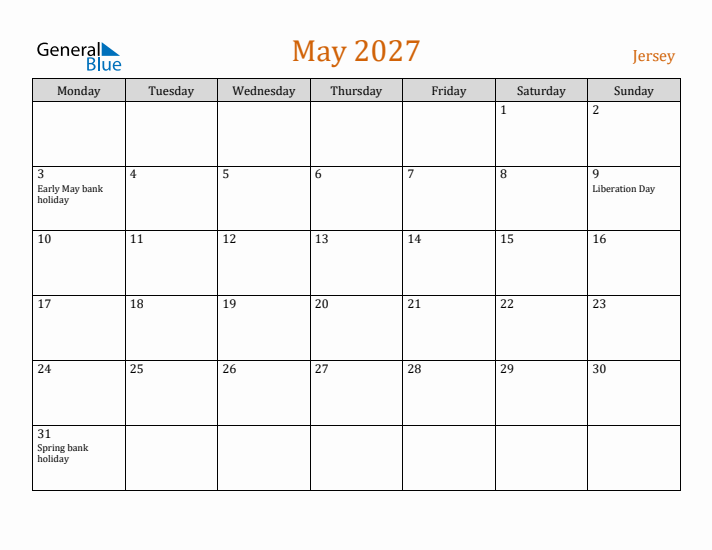 May 2027 Holiday Calendar with Monday Start