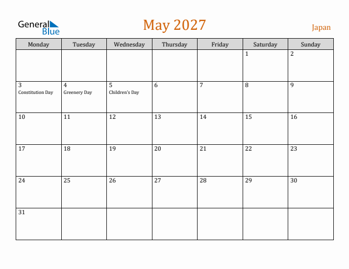 May 2027 Holiday Calendar with Monday Start