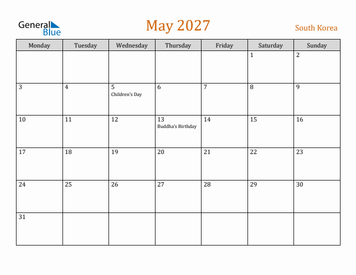 May 2027 Holiday Calendar with Monday Start