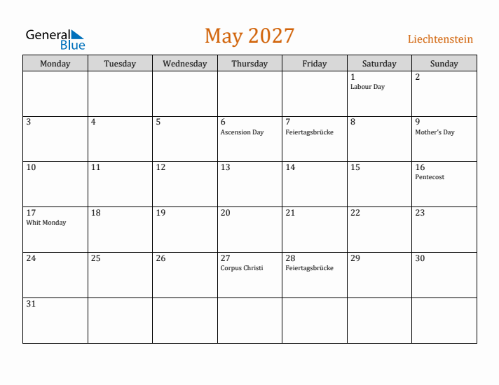 May 2027 Holiday Calendar with Monday Start