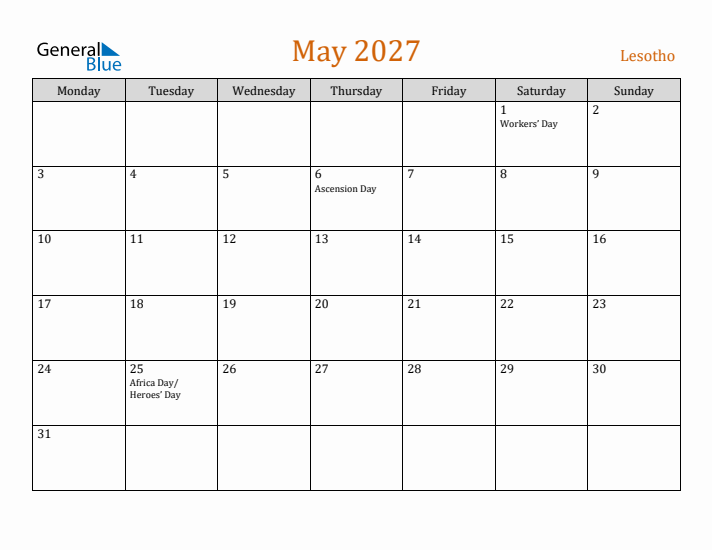 May 2027 Holiday Calendar with Monday Start