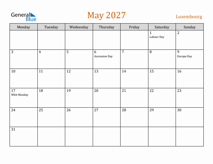 May 2027 Holiday Calendar with Monday Start